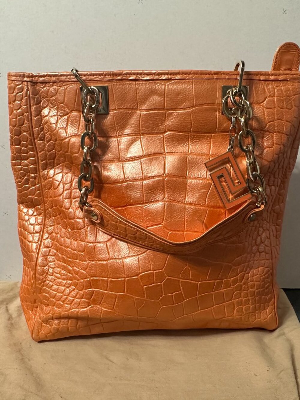 Versace Croc Embossed Leather Greca Chain Tote Coral Orange Made Italy